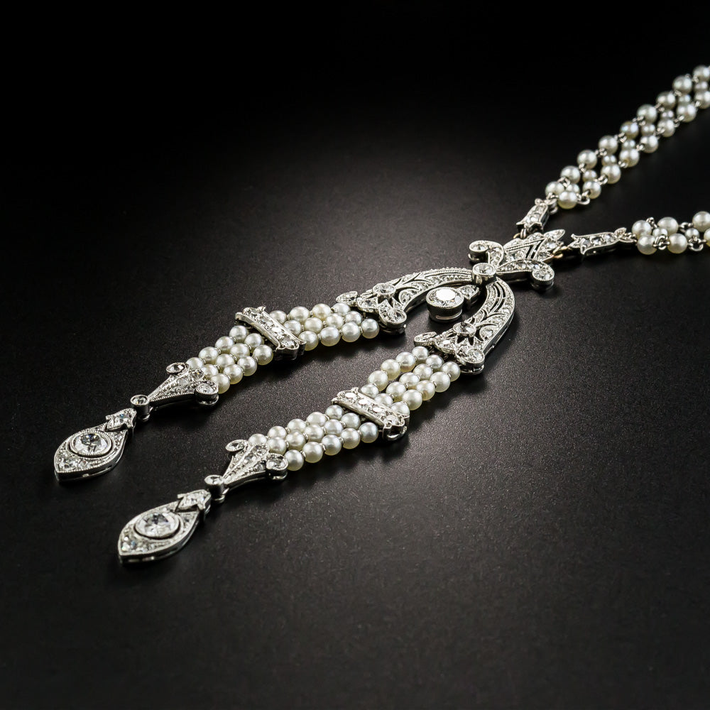 Edwardian Natural Pearl and Diamond Sautoir Necklace - 3