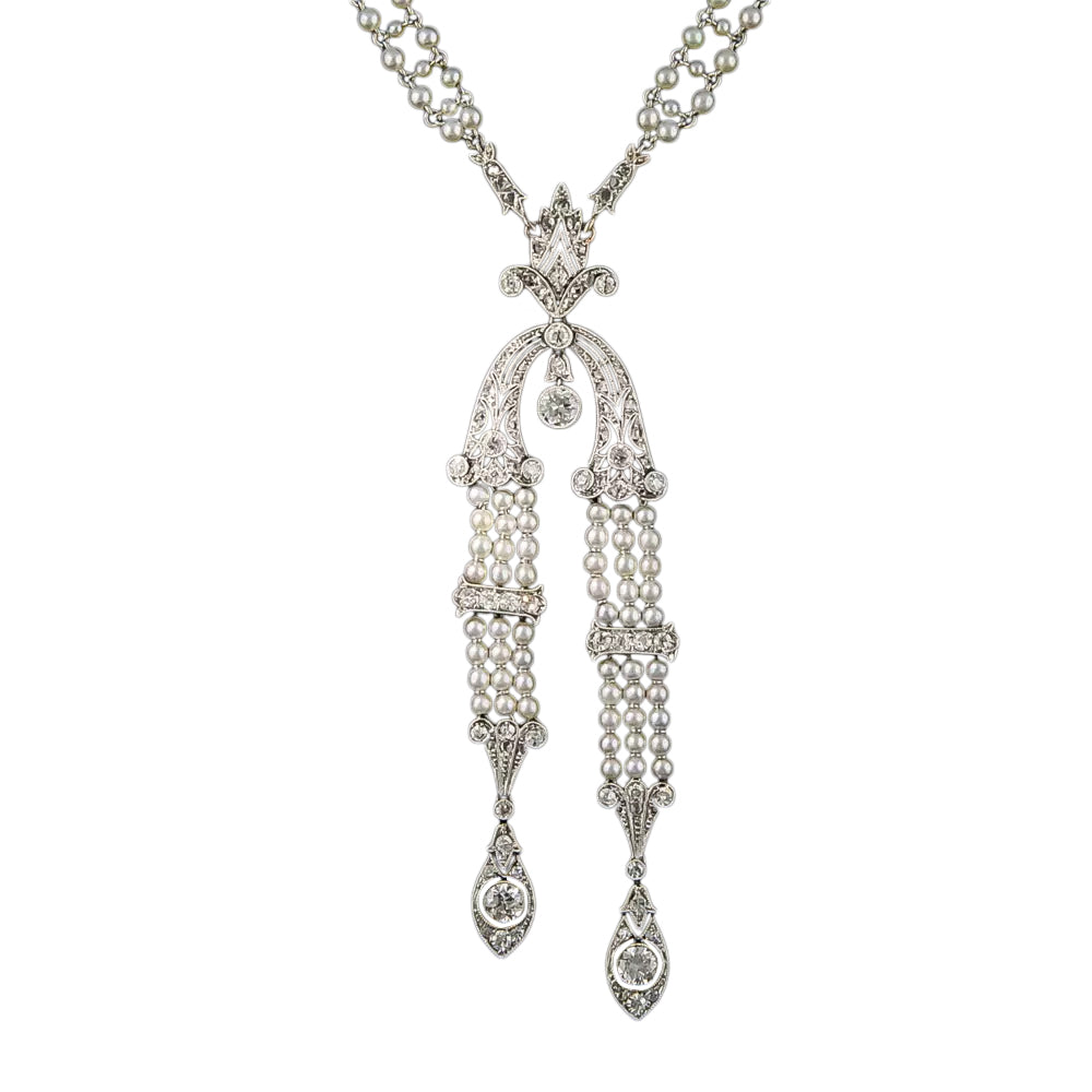 Edwardian Natural Pearl and Diamond Sautoir Necklace - 5