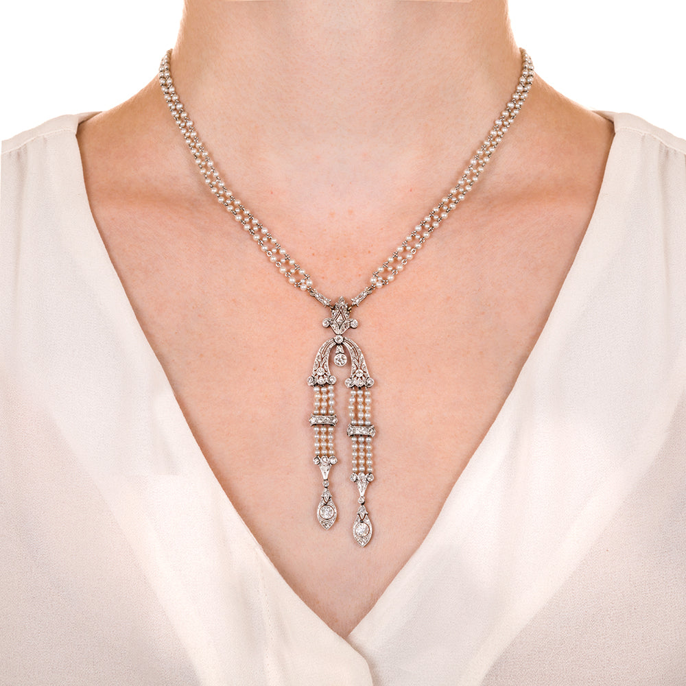 Edwardian Natural Pearl and Diamond Sautoir Necklace - 6