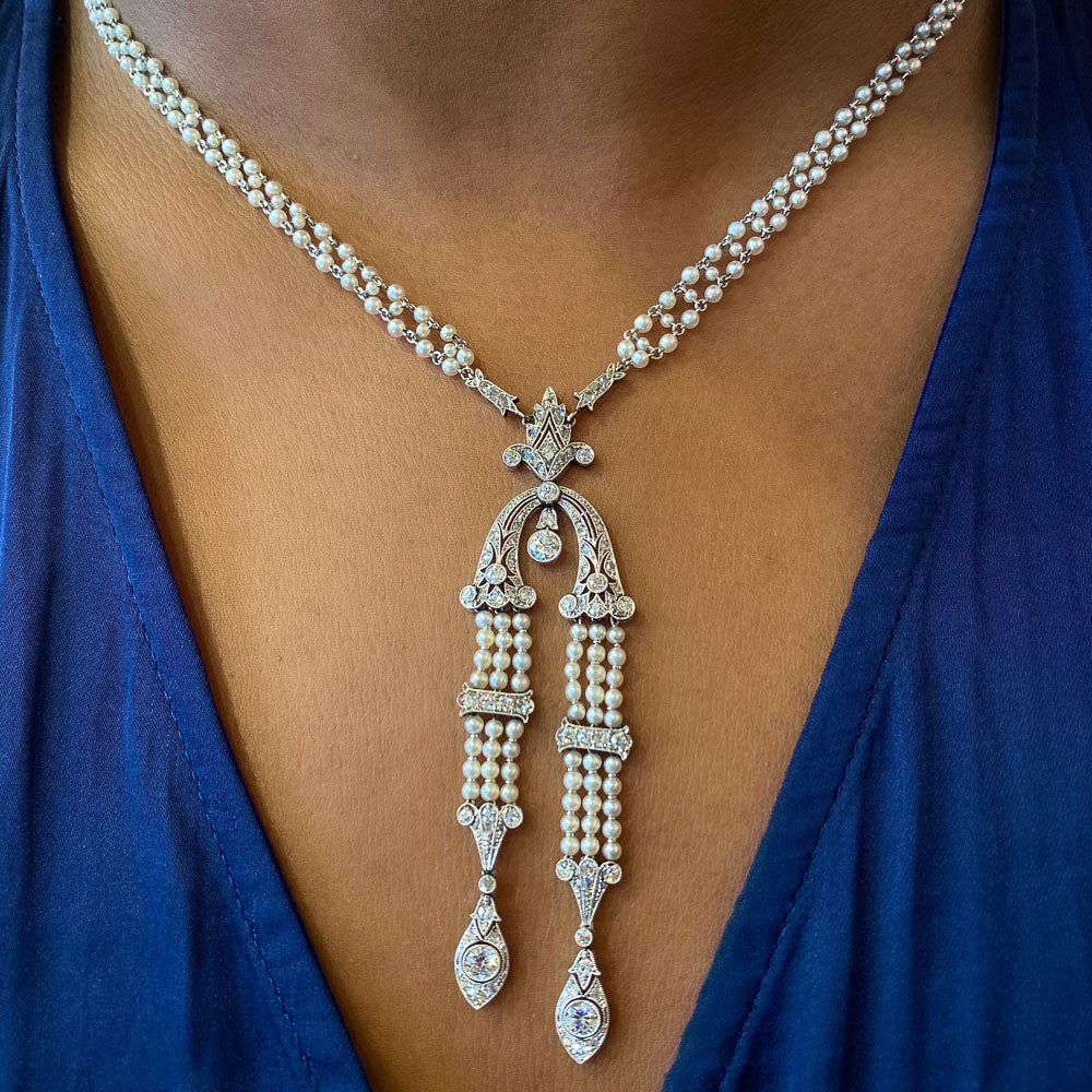 Edwardian Natural Pearl and Diamond Sautoir Necklace - 8