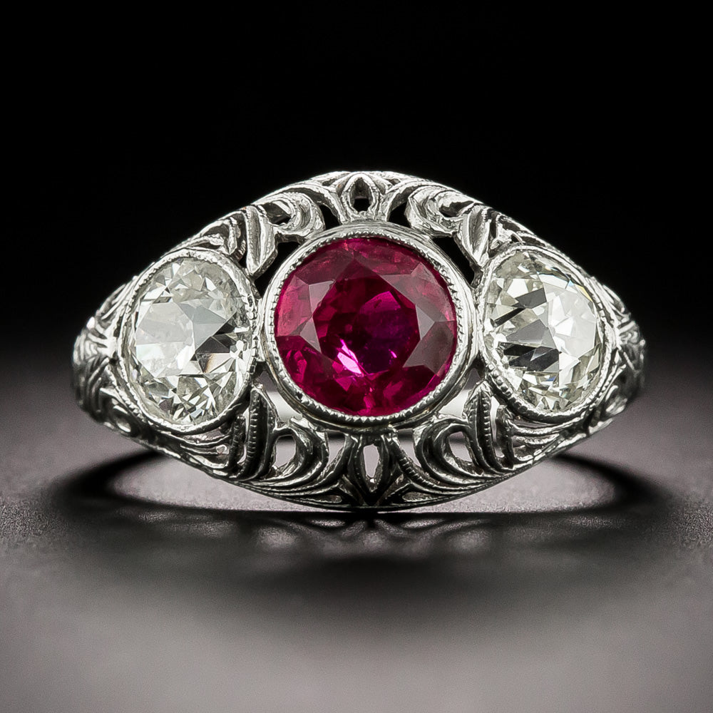 Edwardian No-Heat Ruby and Diamond Three-Stone Ring - GIA - 5
