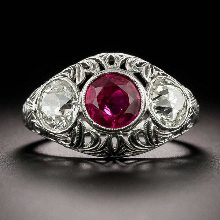 Edwardian No-Heat Ruby and Diamond Three-Stone Ring - GIA