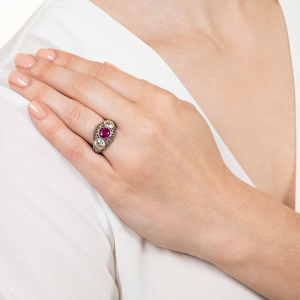 Edwardian No-Heat Ruby and Diamond Three-Stone Ring - GIA - 8