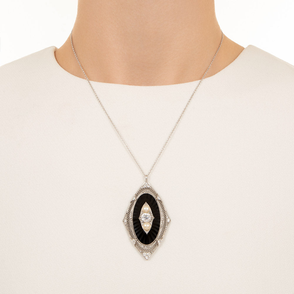 Edwardian Pearl, Diamond and Onyx Locket Necklace - 3