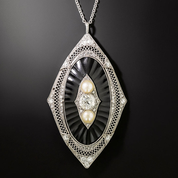 Edwardian Pearl, Diamond and Onyx Locket Necklace