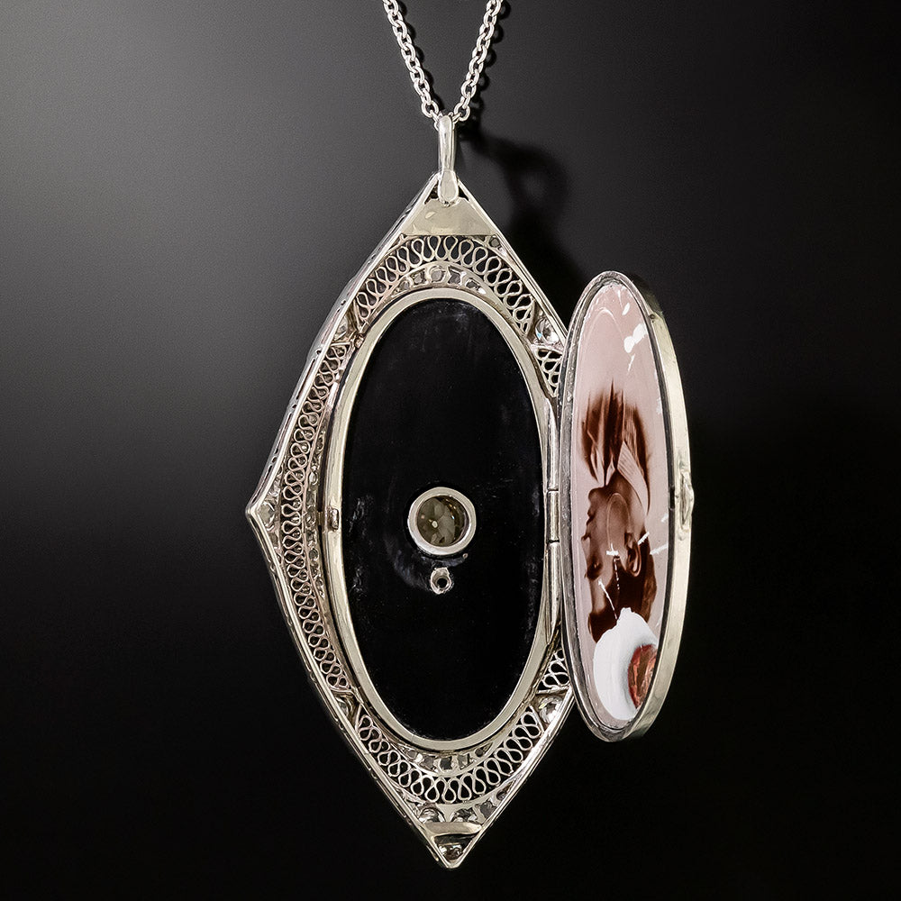 Edwardian Pearl, Diamond and Onyx Locket Necklace - 4