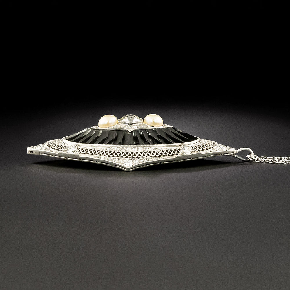 Edwardian Pearl, Diamond and Onyx Locket Necklace - 5