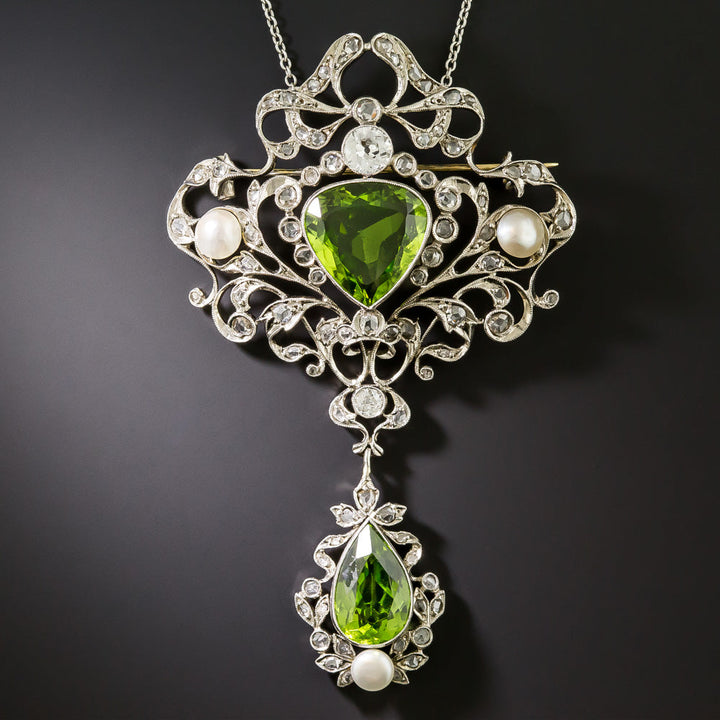 Edwardian Peridot, Diamond and Pearl Pendant/Brooch