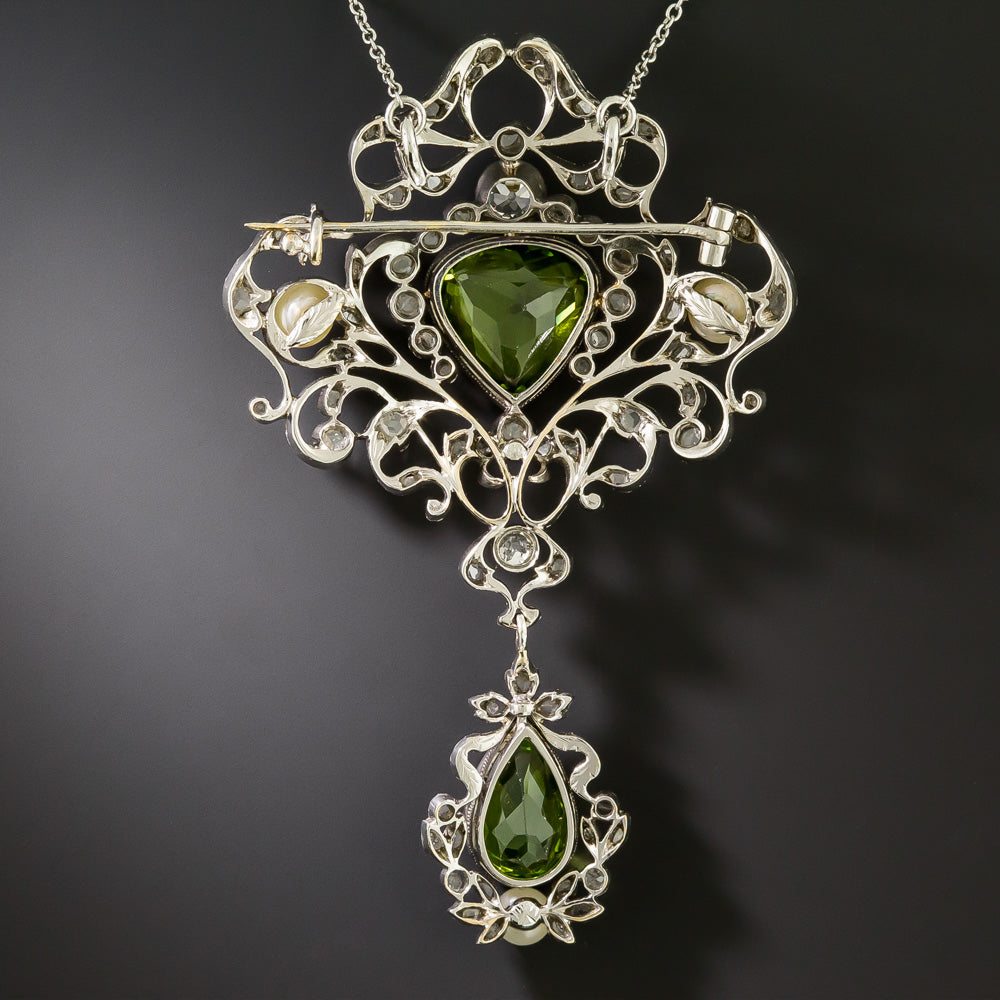 Edwardian Peridot, Diamond and Pearl Pendant/Brooch - 3