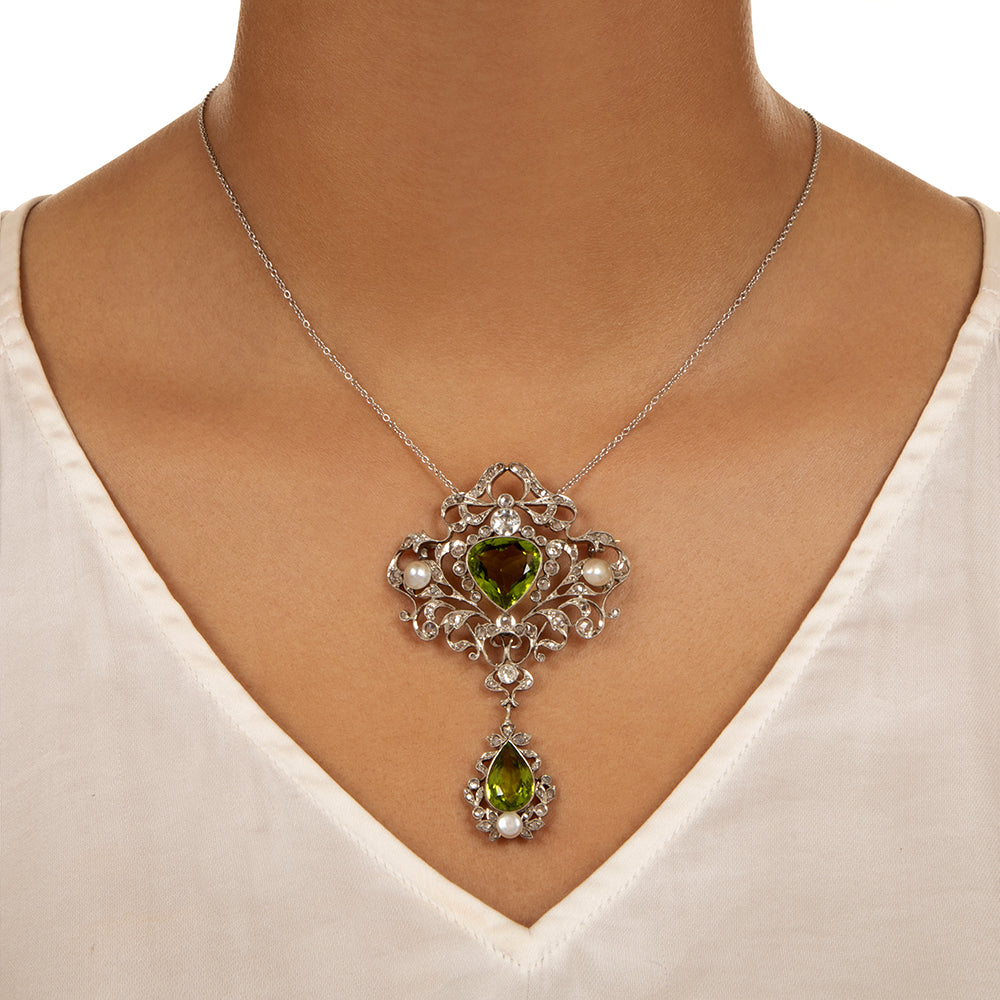 Edwardian Peridot, Diamond and Pearl Pendant/Brooch - 4