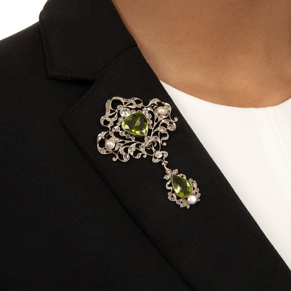 Edwardian Peridot, Diamond and Pearl Pendant/Brooch - 5
