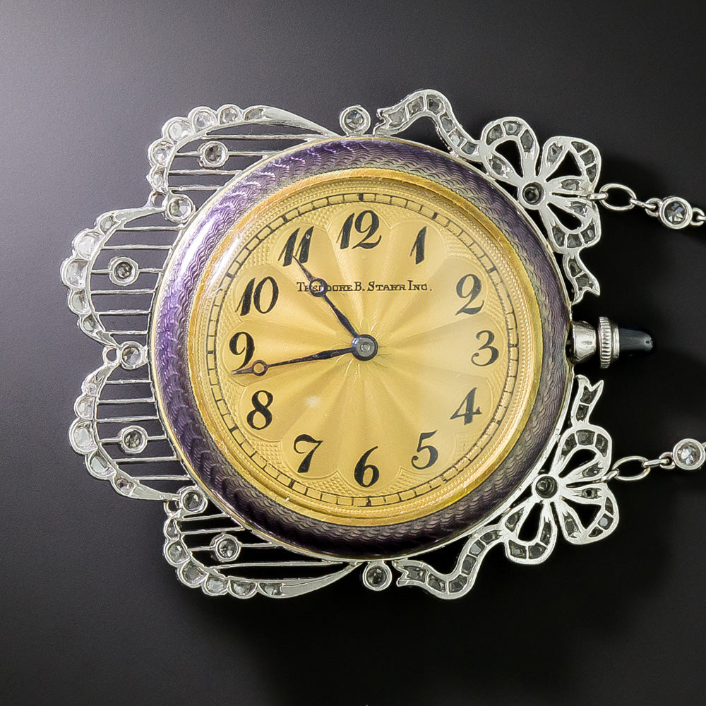 Edwardian Purple Enamel And Diamond Brooch Watch by T. B. Starr - 7