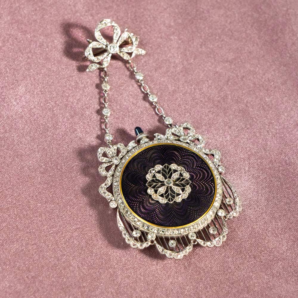 Edwardian Purple Enamel And Diamond Brooch Watch by T. B. Starr - 8