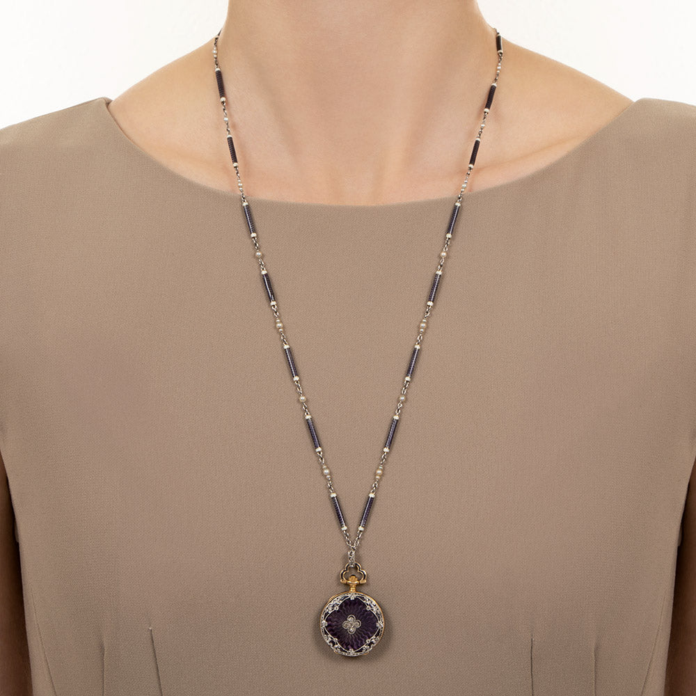 Edwardian Purple Enamel Pendant  Watch and Chain, Swiss - 6