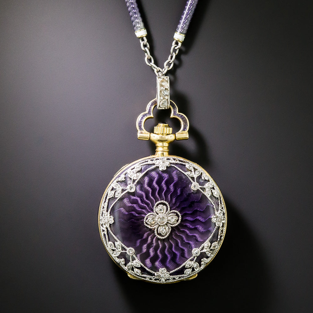 Edwardian Purple Enamel Pendant  Watch and Chain, Swiss - 4