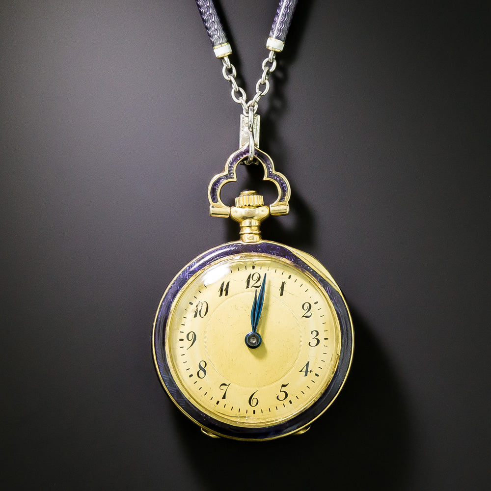 Edwardian Purple Enamel Pendant  Watch and Chain, Swiss - 5