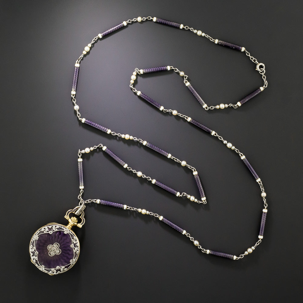 Edwardian Purple Enamel Pendant  Watch and Chain, Swiss - 6