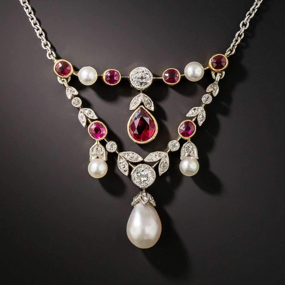 Edwardian Ruby, Natural Pearl and Diamond Necklace - 4