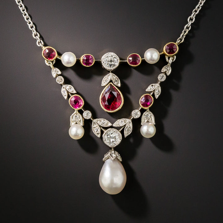 Edwardian Ruby, Natural Pearl and Diamond Necklace