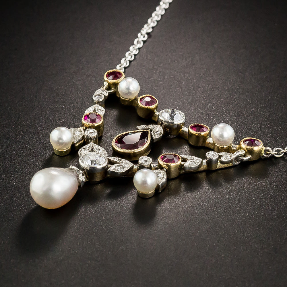 Edwardian Ruby, Natural Pearl and Diamond Necklace - 5