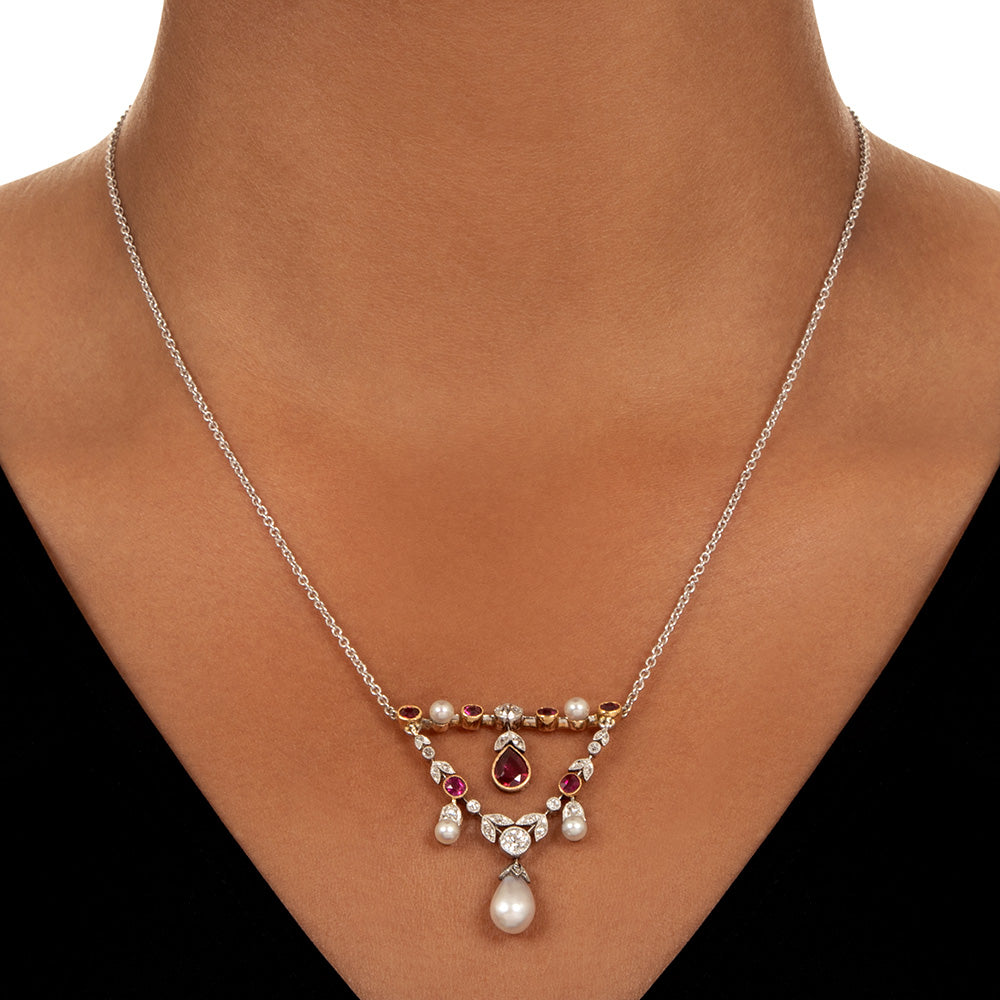 Edwardian Ruby, Natural Pearl and Diamond Necklace - 6