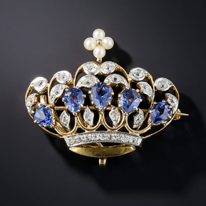 Edwardian Sapphire, Diamond and Pearl Crown Brooch/Pendant