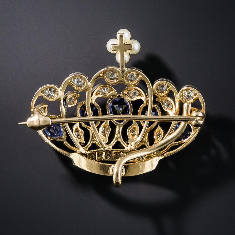 Edwardian Sapphire, Diamond and Pearl Crown Brooch/Pendant - 7