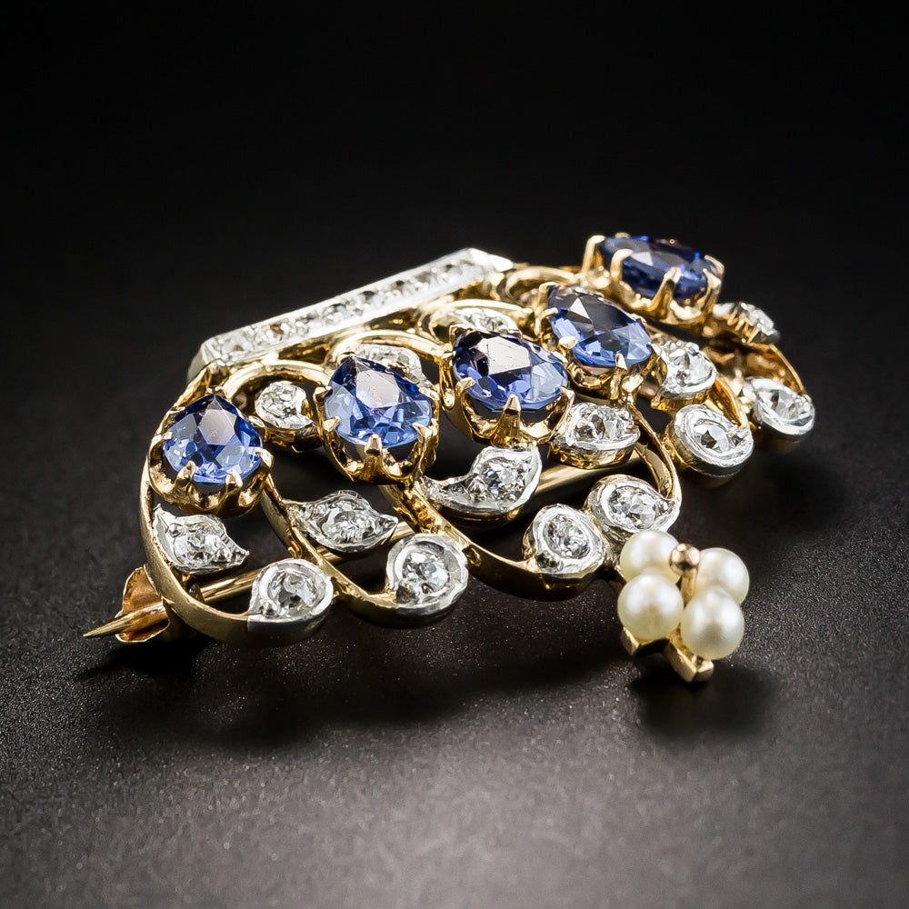 Edwardian Sapphire, Diamond and Pearl Crown Brooch/Pendant - 8