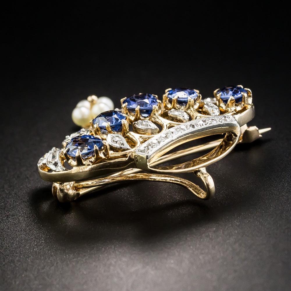 Edwardian Sapphire, Diamond and Pearl Crown Brooch/Pendant - 9