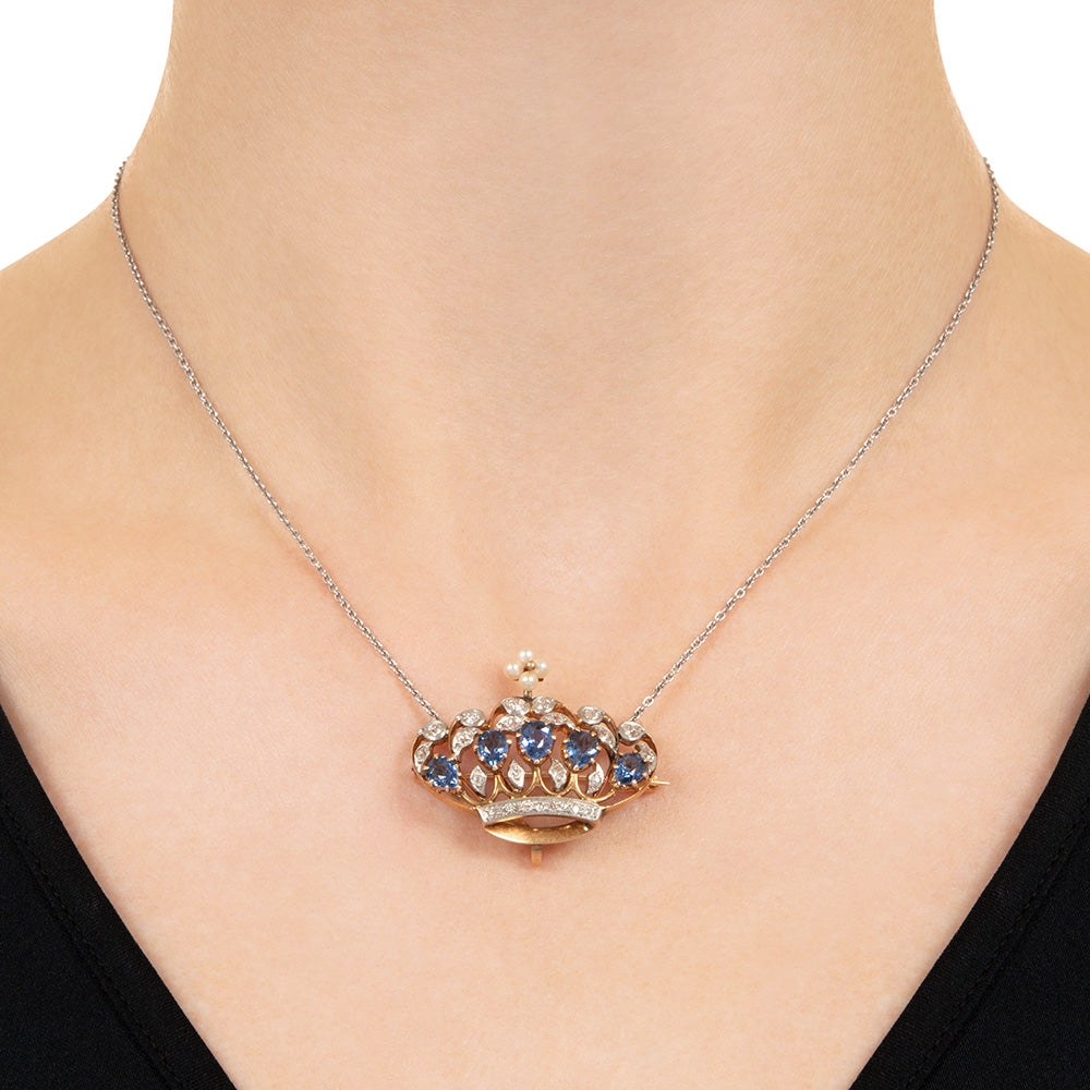 Edwardian Sapphire, Diamond and Pearl Crown Brooch/Pendant - 10