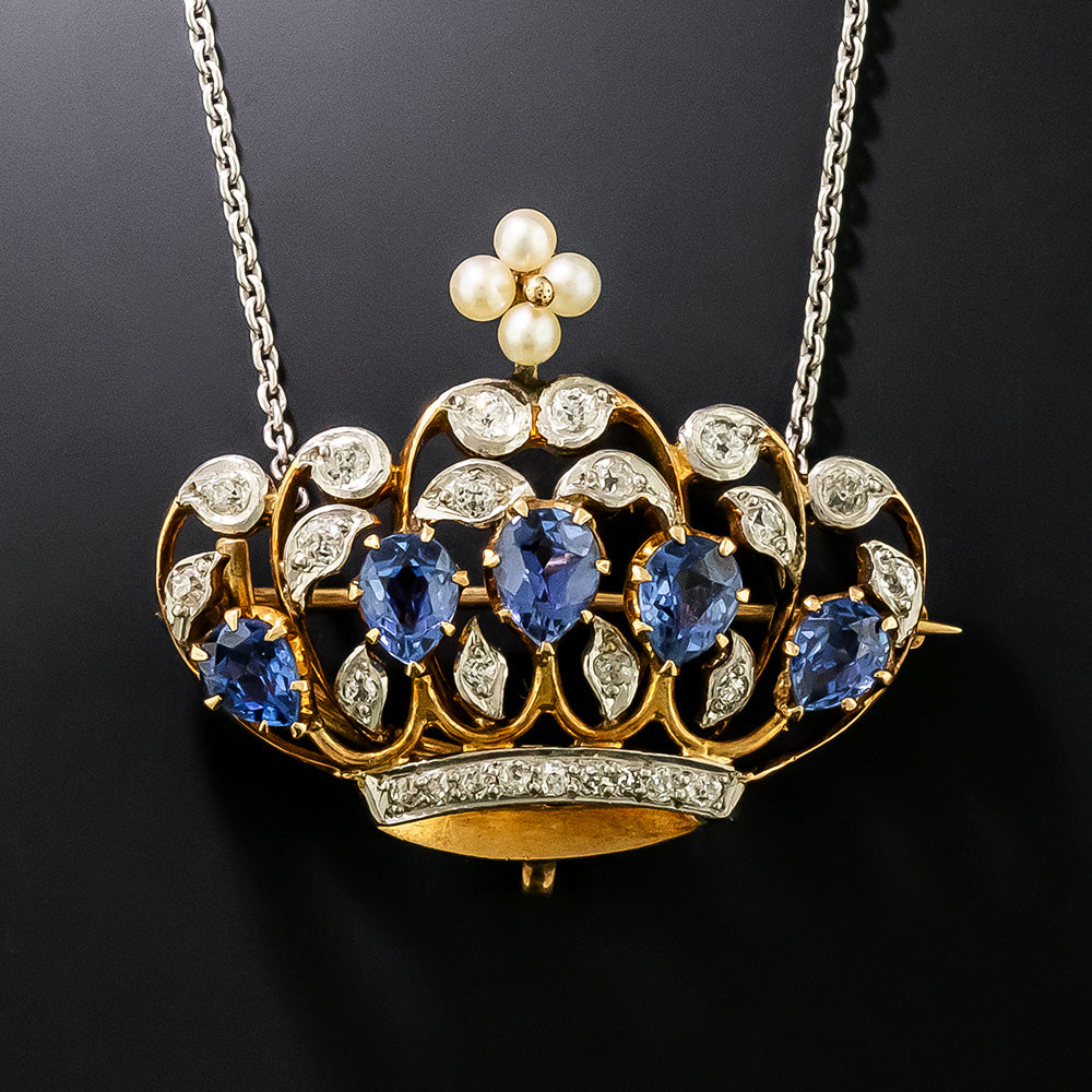Edwardian Sapphire, Diamond and Pearl Crown Brooch/Pendant - 2