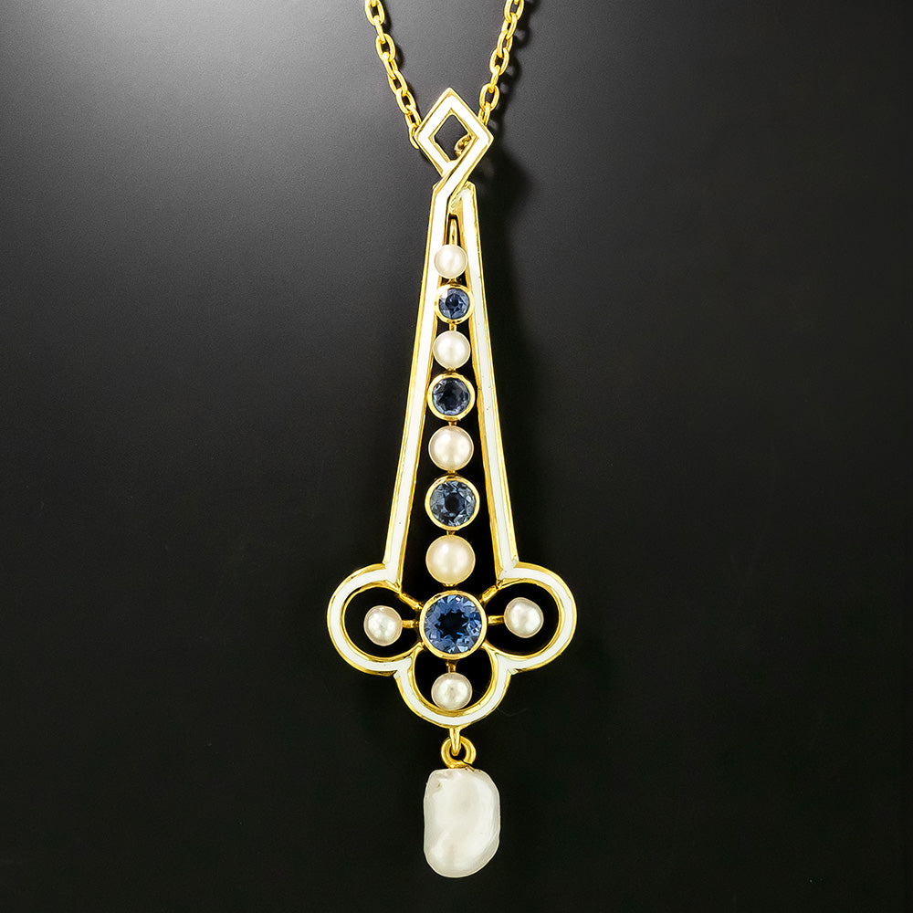 Edwardian Sapphire, Natural Pearl and Enamel Necklace by Hagerstrom - 2