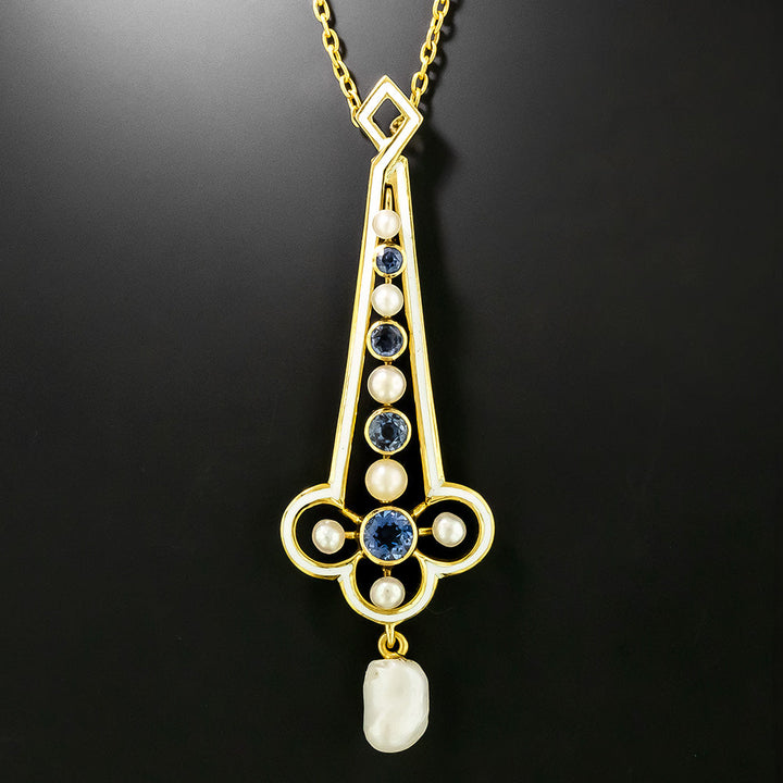 Edwardian Sapphire, Natural Pearl and Enamel Necklace by Hagerstrom