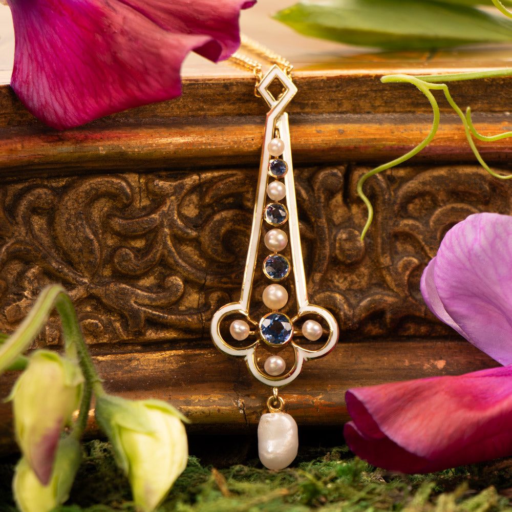 Edwardian Sapphire, Natural Pearl and Enamel Necklace by Hagerstrom - 5