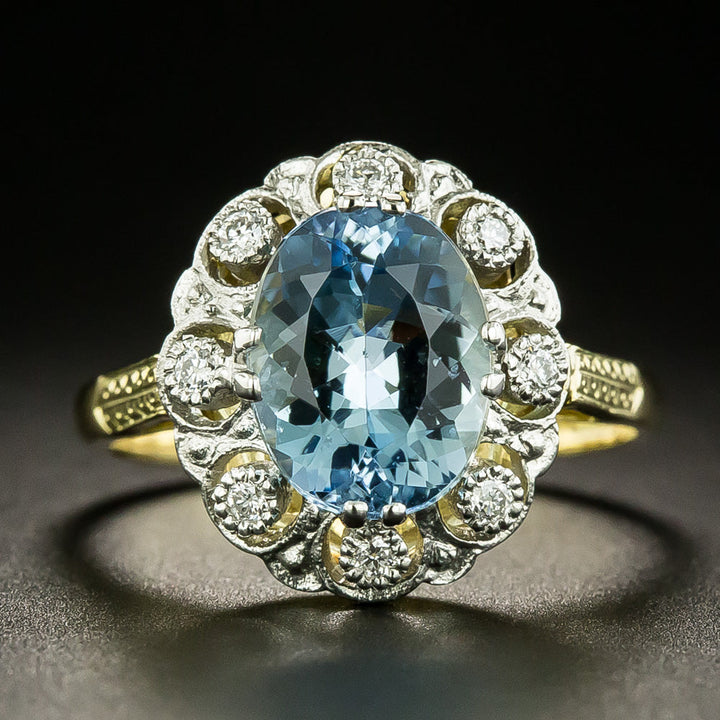 Edwardian-Style Aquamarine and Diamond Halo Ring