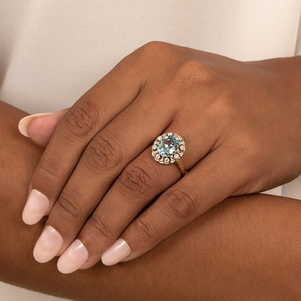 Edwardian-Style Aquamarine and Diamond Halo Ring - 5