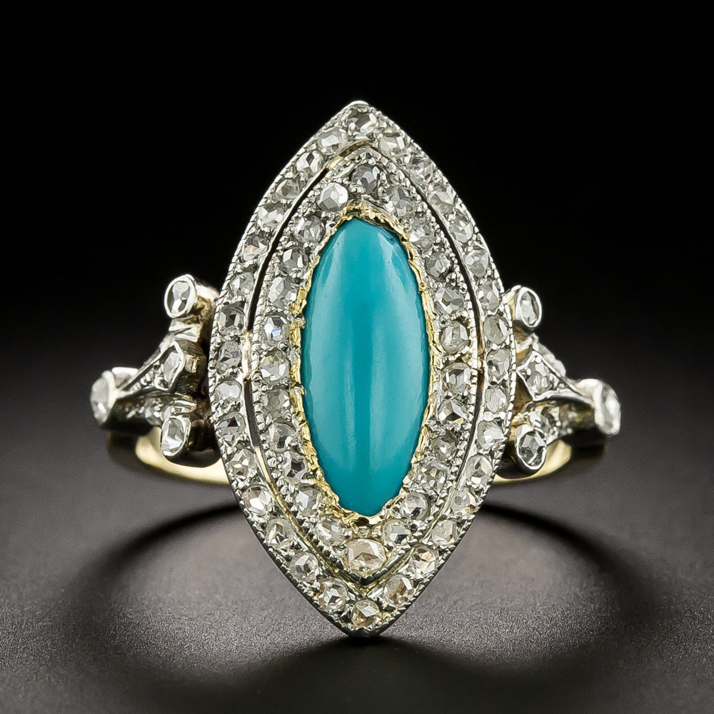 Edwardian Turquoise and Diamond Navette Ring - 3