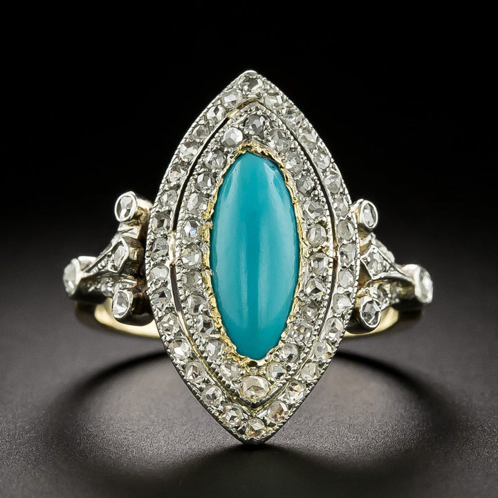 Edwardian Turquoise and Diamond Navette Ring