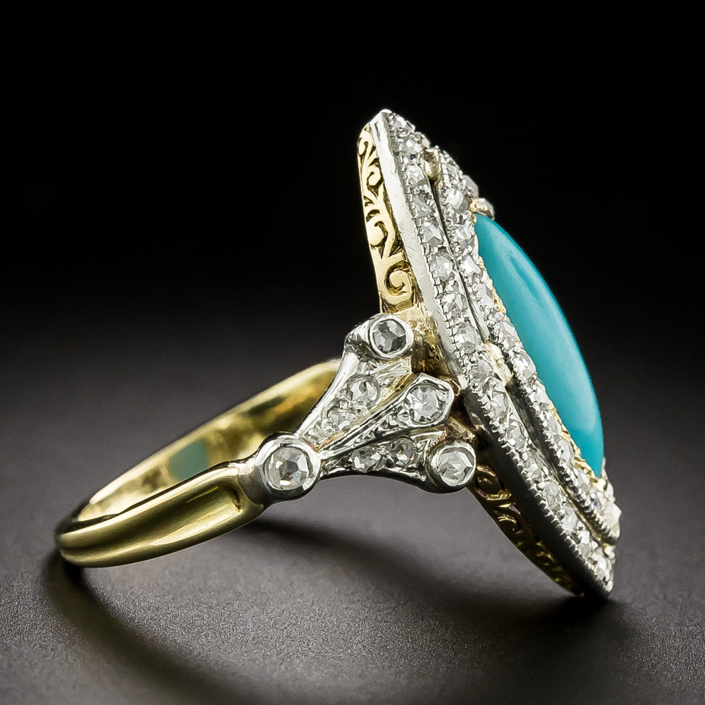 Edwardian Turquoise and Diamond Navette Ring - 4