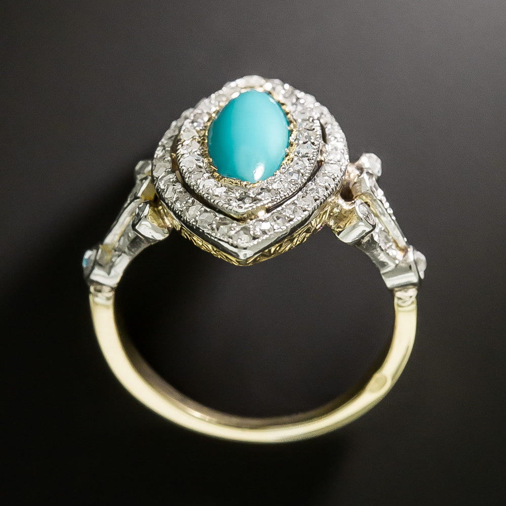Edwardian Turquoise and Diamond Navette Ring - 5