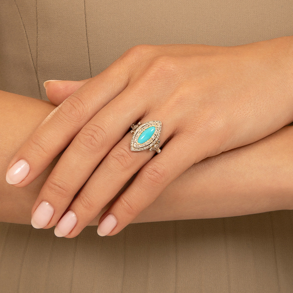 Edwardian Turquoise and Diamond Navette Ring - 6