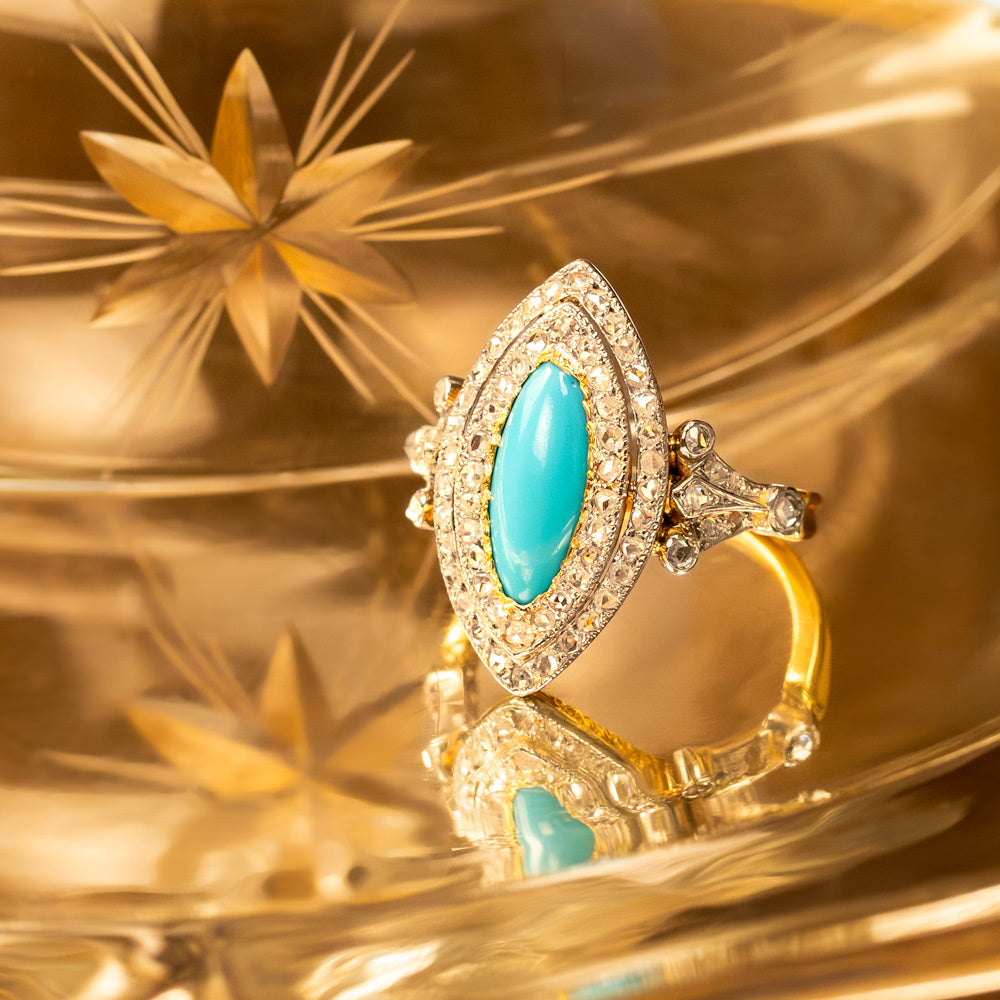 Edwardian Turquoise and Diamond Navette Ring - 8