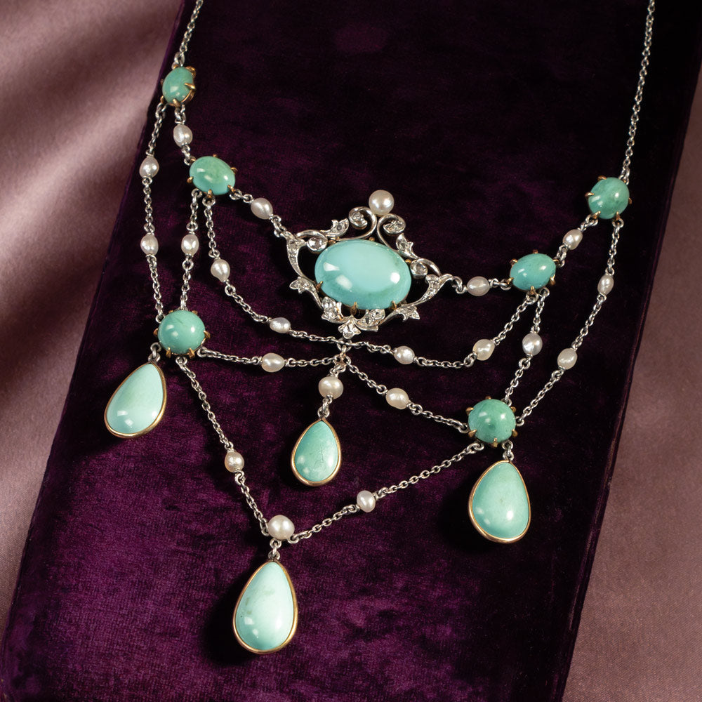 Edwardian Turquoise, Natural Pearl and Diamond Necklace - 5