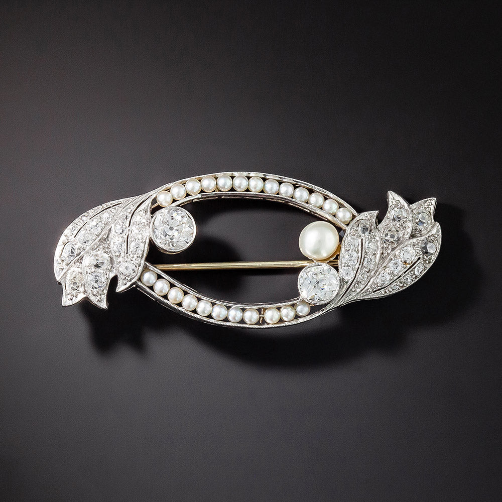 Edwardian Twin-Diamond and Natural Pearl Brooch - 1
