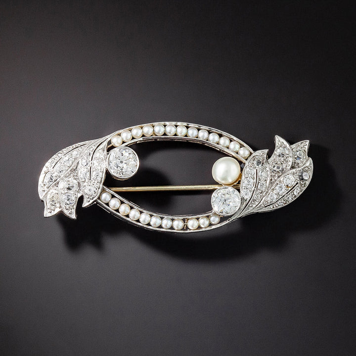 Edwardian Twin-Diamond and Natural Pearl Brooch