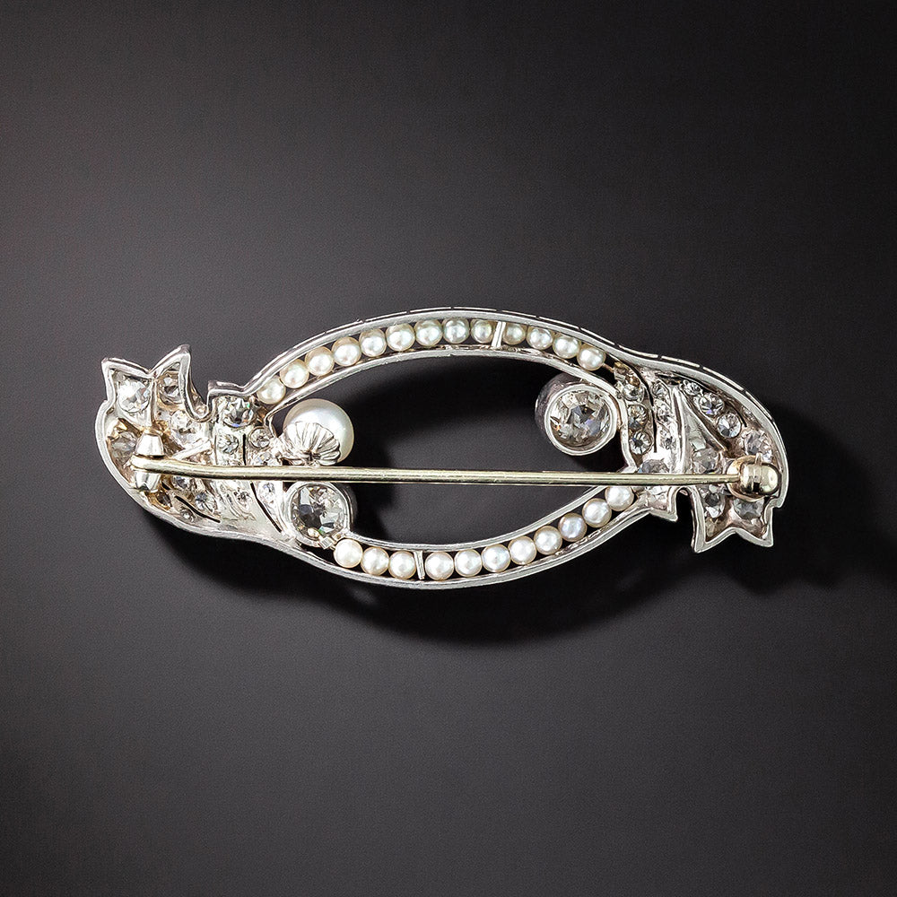 Edwardian Twin-Diamond and Natural Pearl Brooch - 2