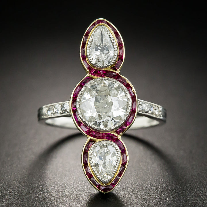 Edwardian Unique Three-Stone Diamond and Ruby Ring