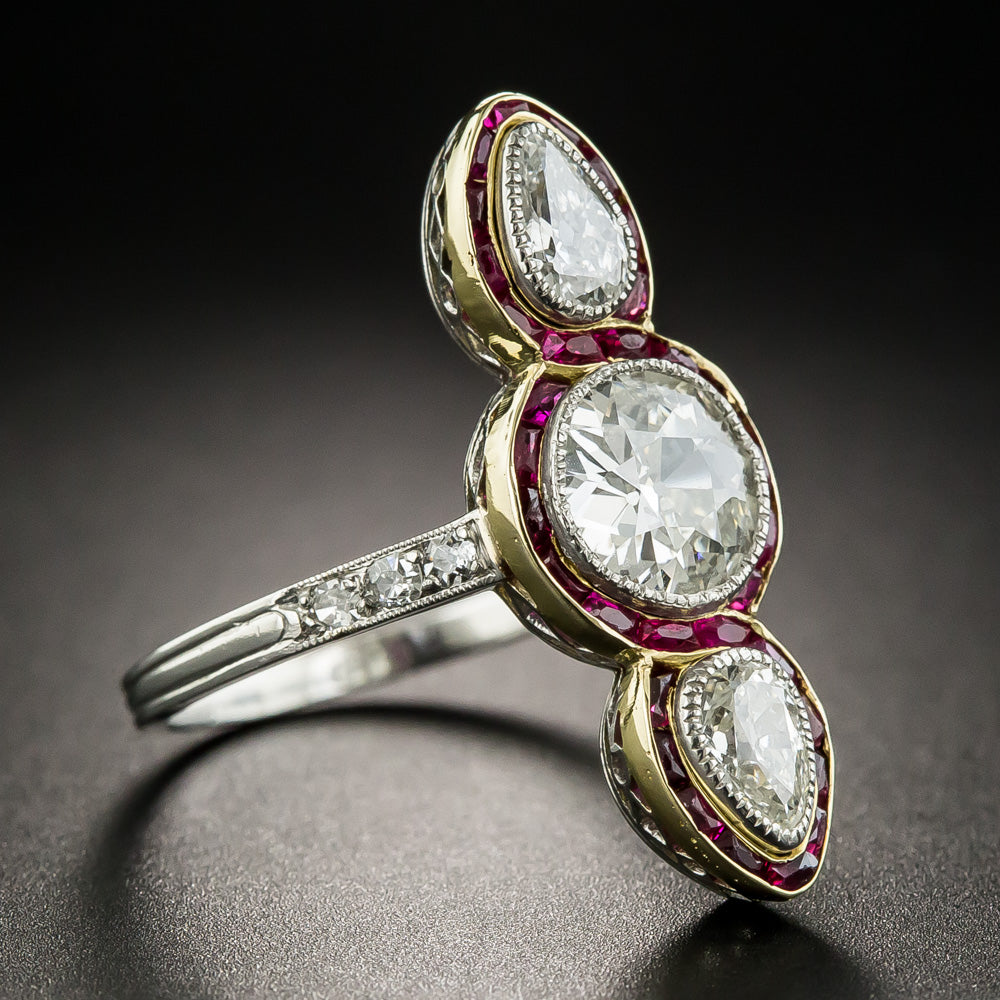 Edwardian Unique Three-Stone Diamond and Ruby Ring  - 2