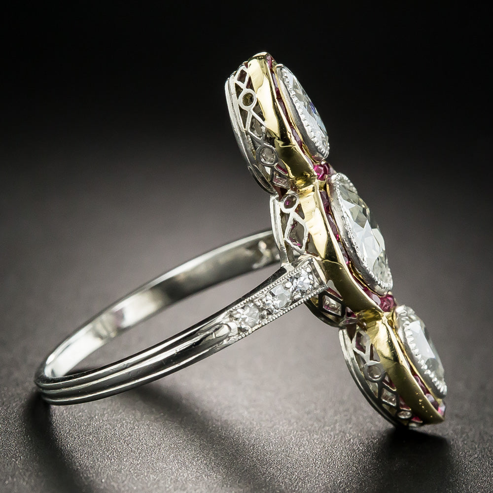 Edwardian Unique Three-Stone Diamond and Ruby Ring  - 3