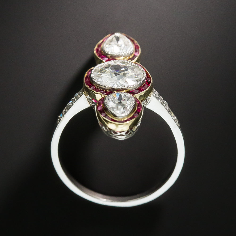 Edwardian Unique Three-Stone Diamond and Ruby Ring  - 4